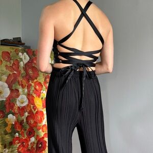 Broke in Chic Black Satin Lace Up Back Crop Top
